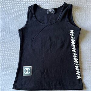 Vintage Chanel Boutique Black Sleeveless Top with White Logo Detail